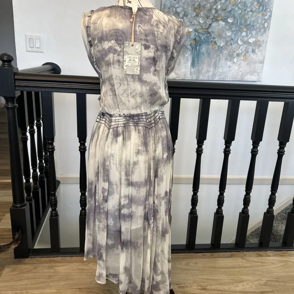 Chelsea & Violet Washed‎ Out Edgy Gypsy Boho Smocked Chiffon Dress Small NWT Med